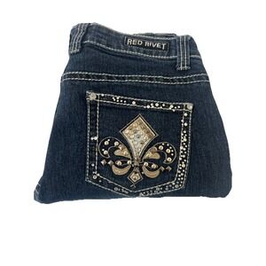 Y2K Red Rivet Skinny Jeans Women's‎ Sz 11 Dark Wash Bling Embellished